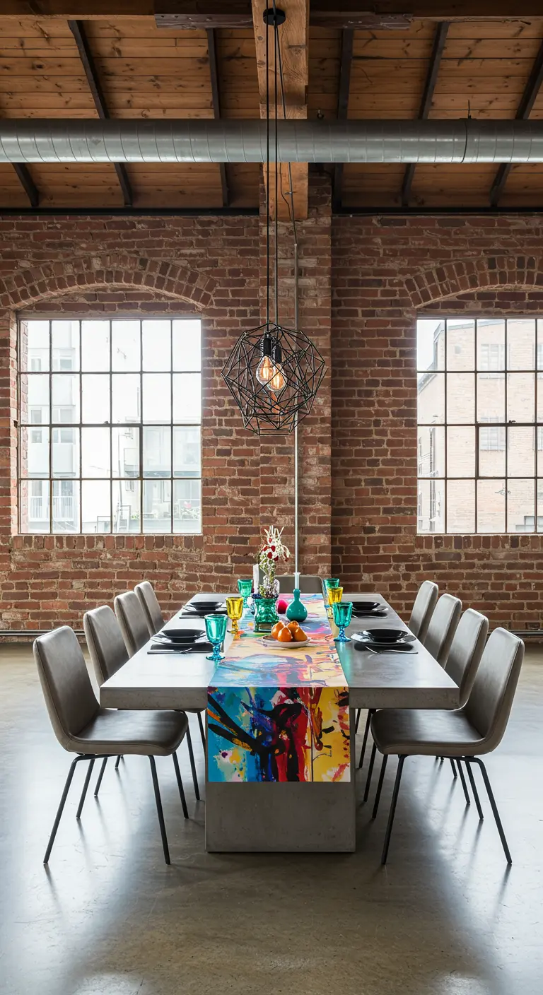 Table en béton dans un loft industriel, avec un chemin de table peint très coloré