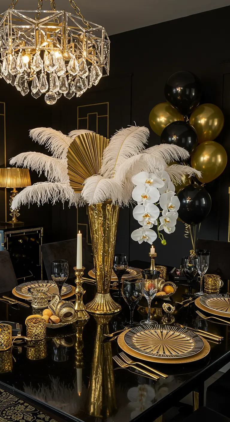 Table d'anniversaire Art déco noire et or avec un centre de table de plumes et d'orchidées.