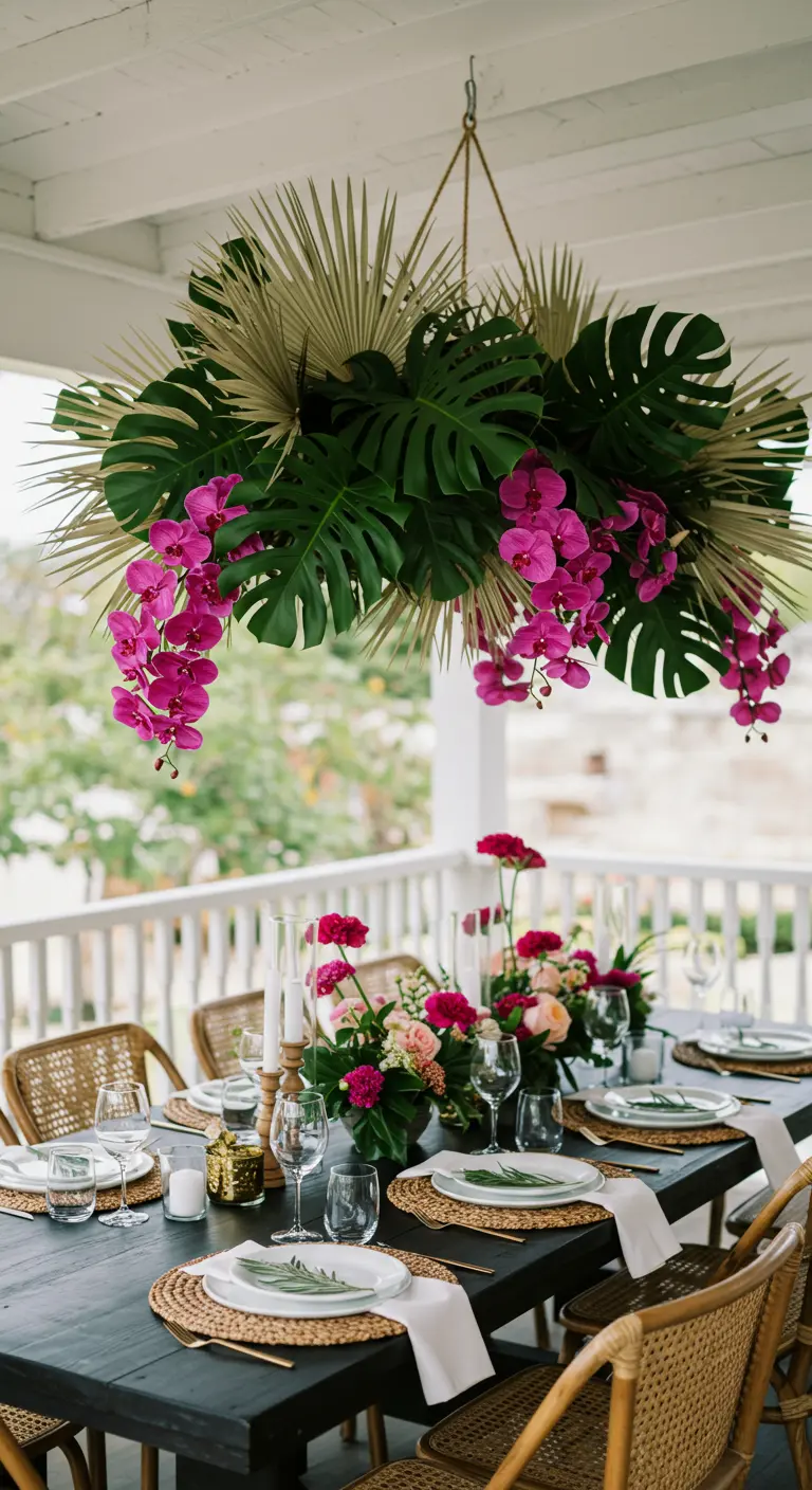 Lustre végétal tropical avec des feuilles de Monstera et des orchidées fuchsia.