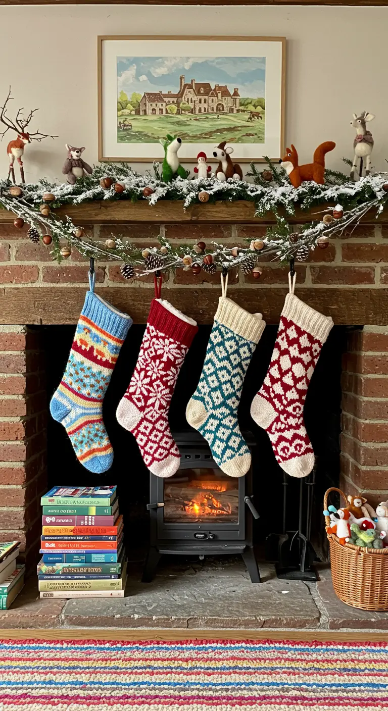 Cheminée en briques avec chaussettes colorées aux motifs folkloriques.