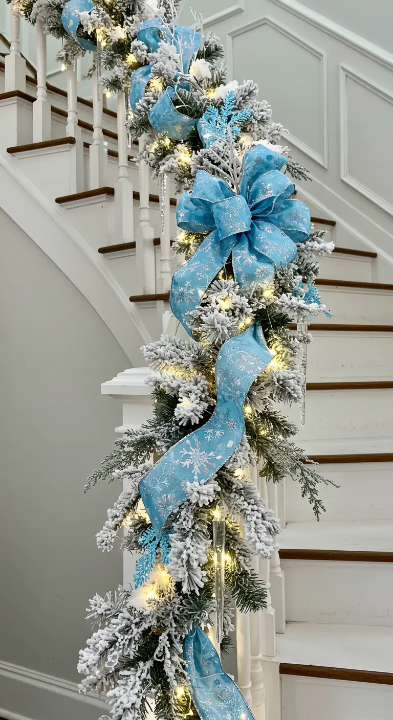 Guirlande de Noël floquée décorée de grands nœuds et d'ornements bleu clair.