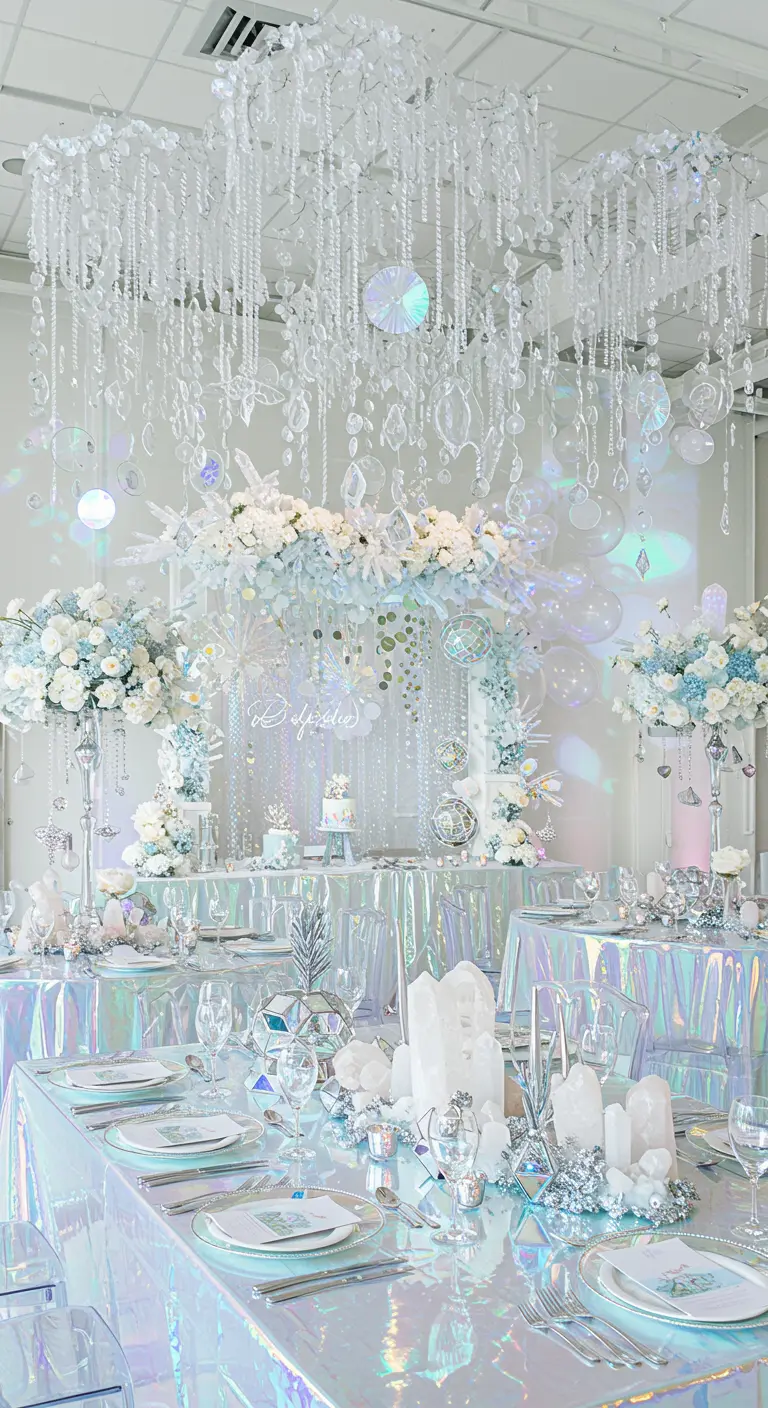 Décor de fête holographique avec des tables irisées et des décorations en cristal.