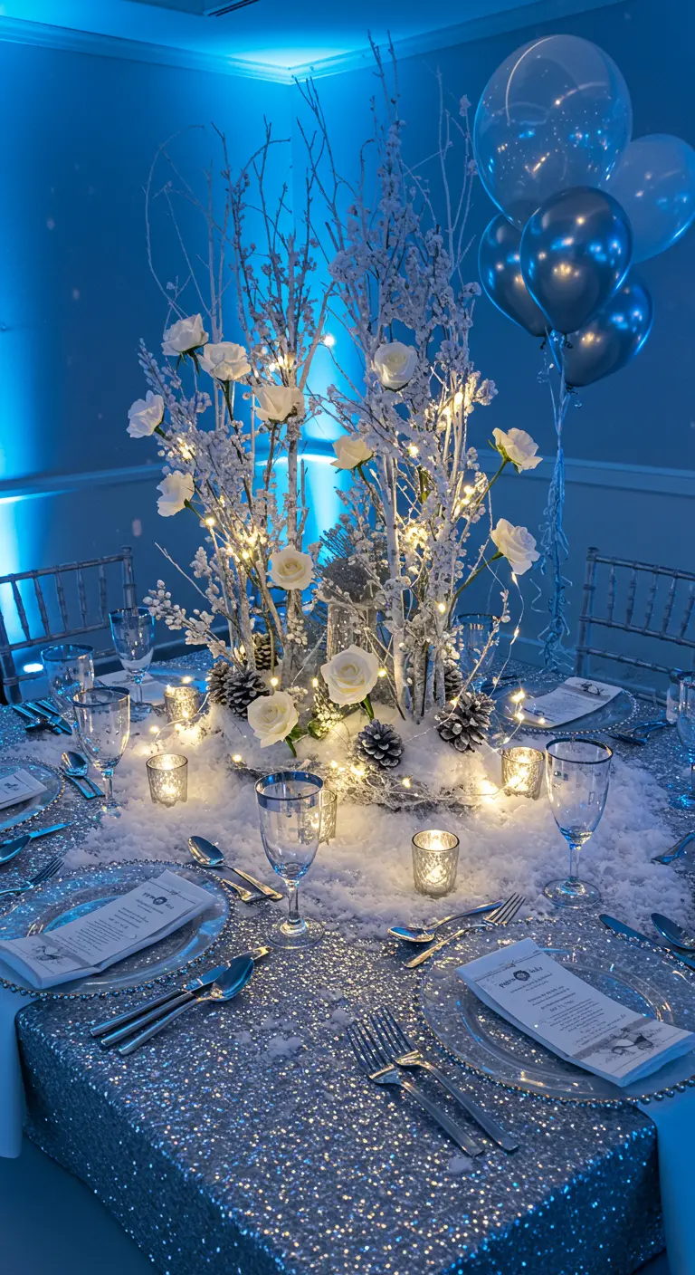 Table d'anniversaire sur le thème de l'hiver avec de la neige artificielle et des branches lumineuses.
