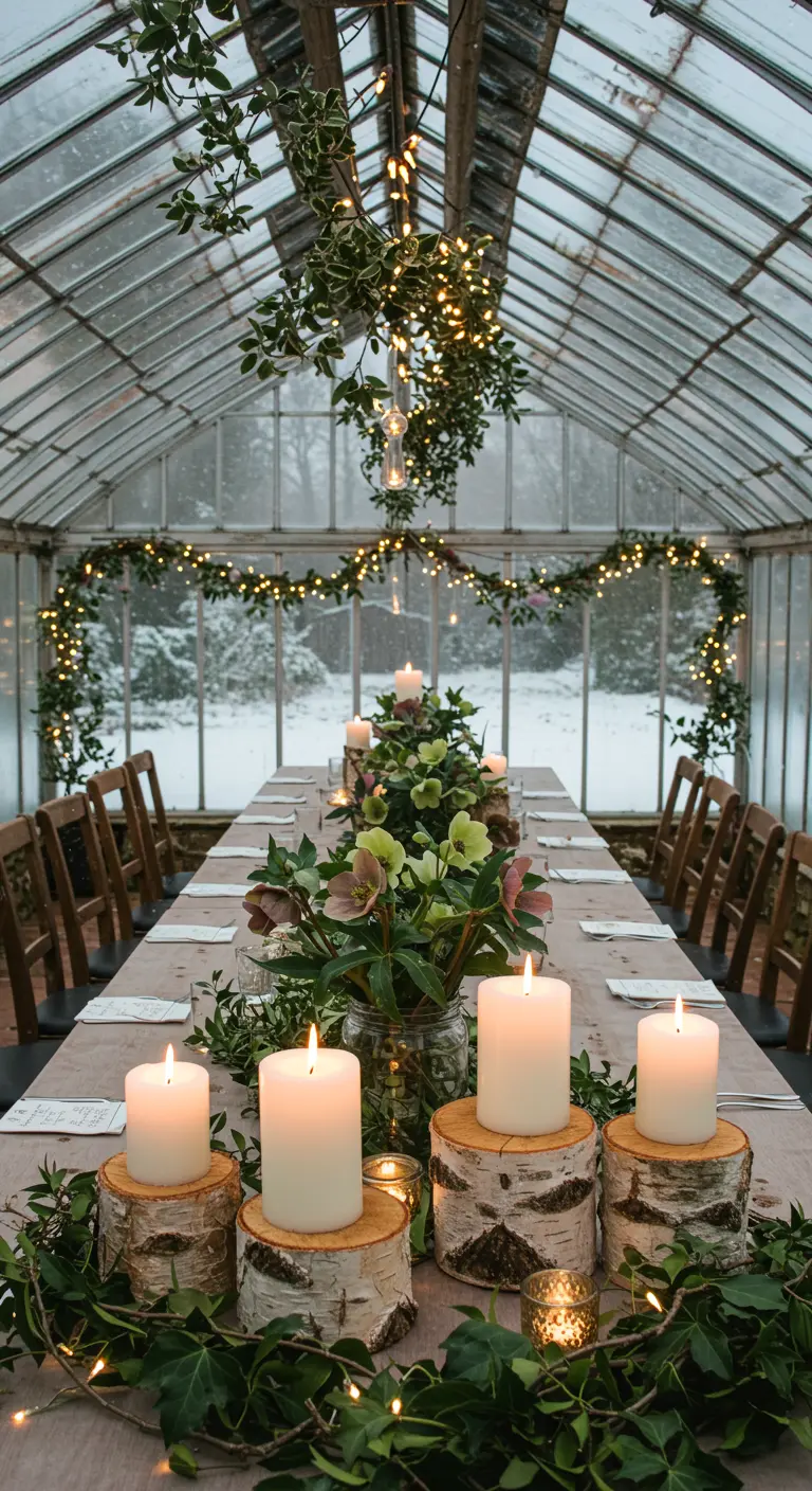 Table dans une serre en hiver, avec des bougies sur des rondins de bouleau et du lierre lumineux.