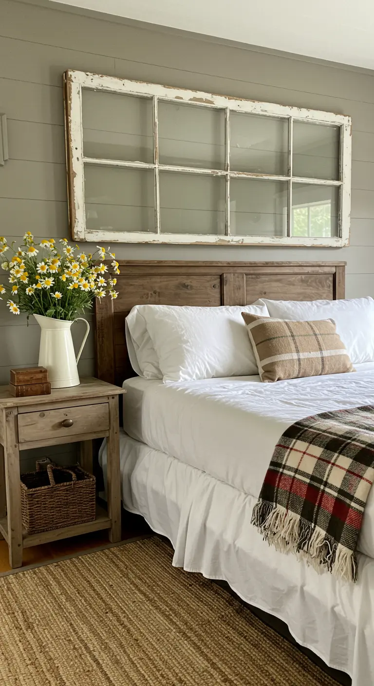 Un cadre de vieille fenêtre blanche à carreaux est accroché horizontalement au-dessus d'un lit.
