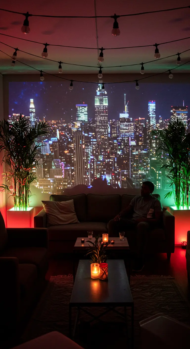 Un homme sur un canapé devant un mur entier projetant une vue nocturne de la skyline de New York.