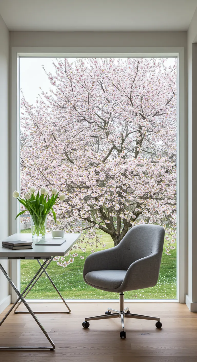 Bureau minimaliste placé devant une grande baie vitrée donnant sur un cerisier en fleurs.