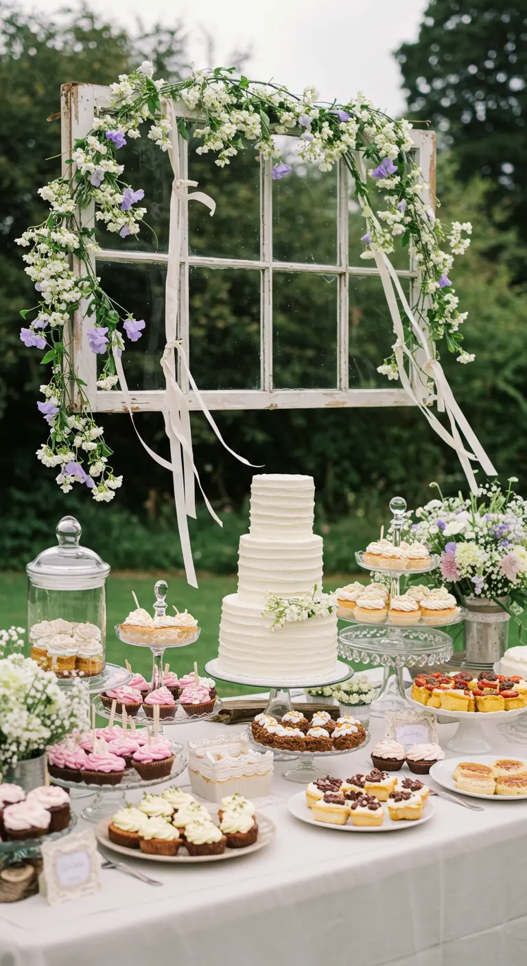 Vieille fenêtre suspendue et décorée de fleurs derrière une table de desserts.