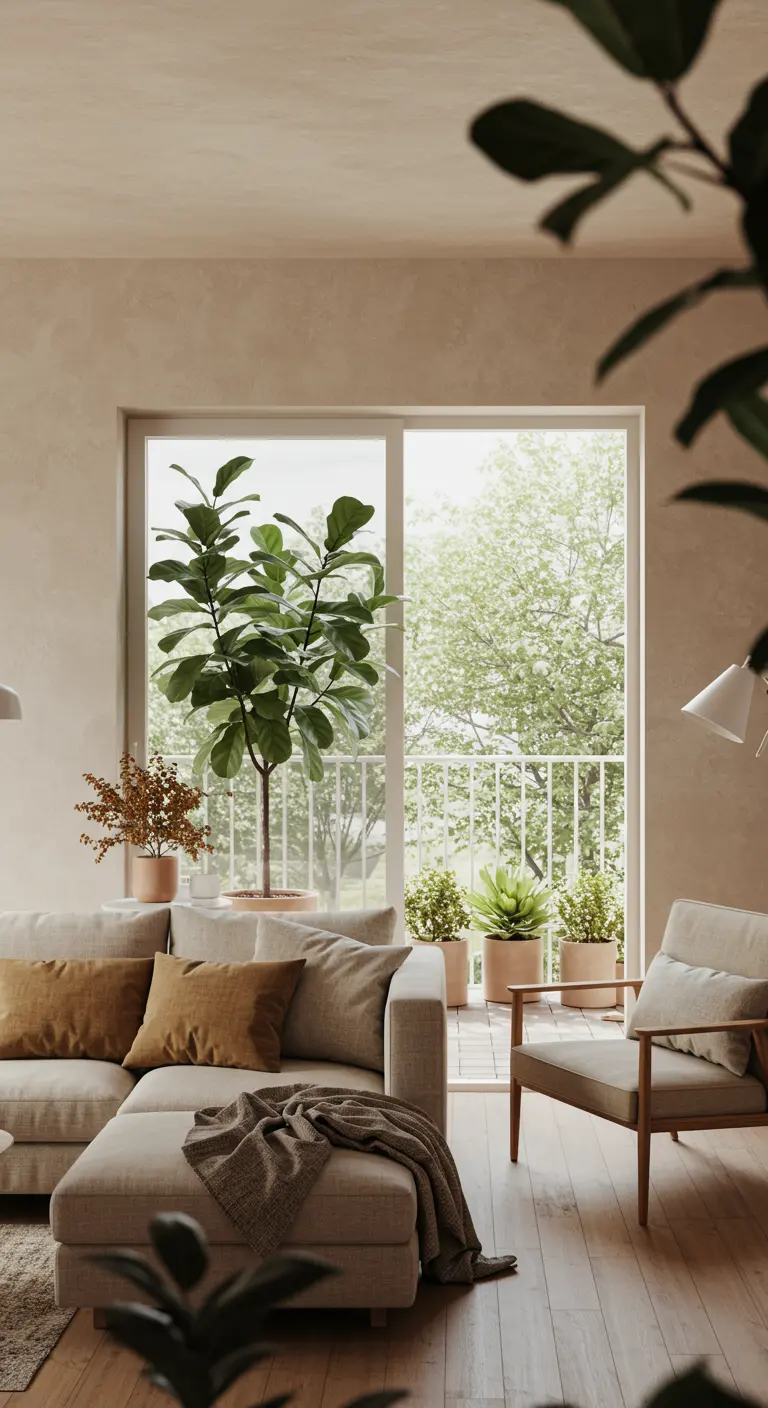 Salon lumineux avec grande baie vitrée, canapé beige et une grande plante verte (Ficus).
