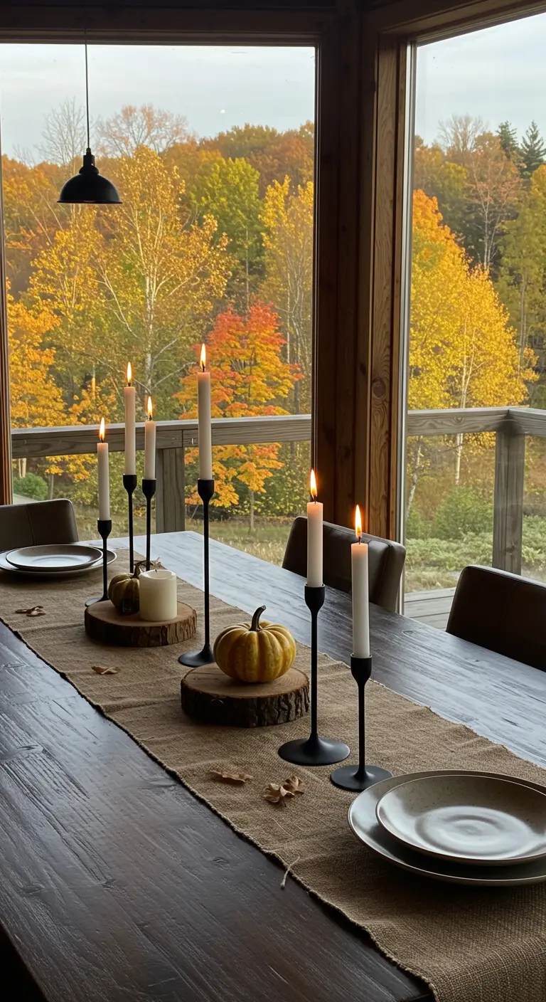 Centre de table minimaliste avec bougies hautes sur fond de paysage d'automne.