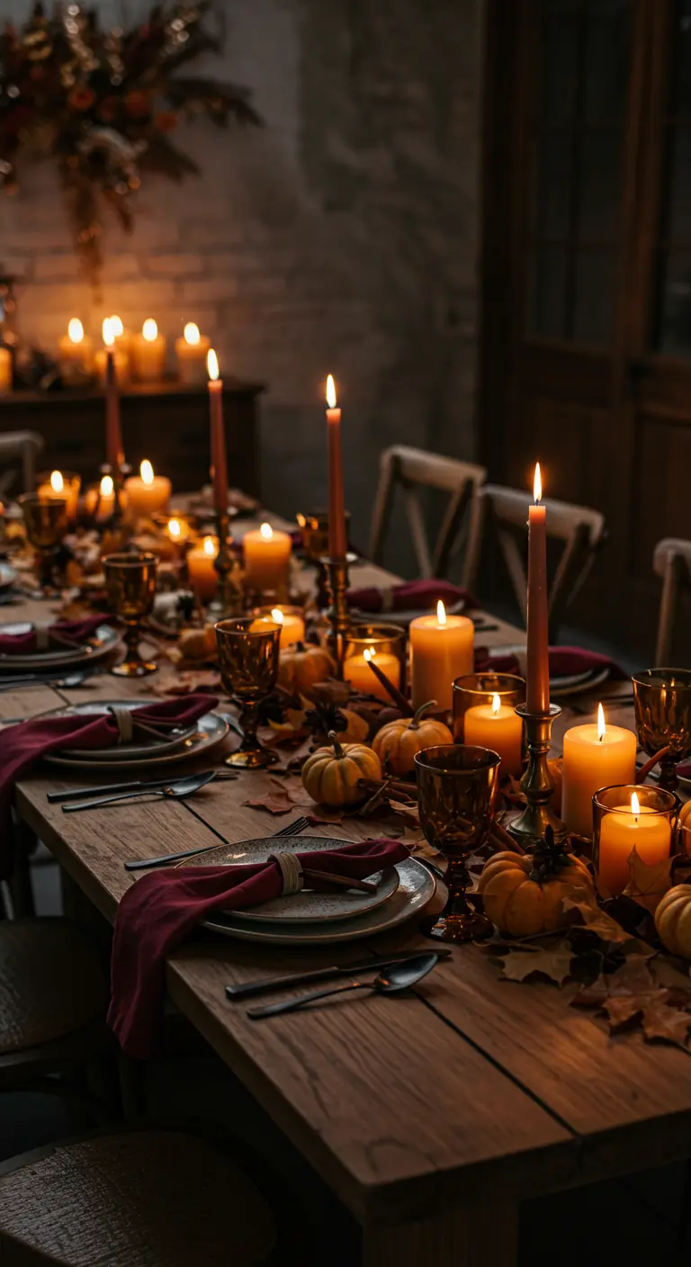 Table d'automne rustique avec de nombreuses bougies et des mini-citrouilles.
