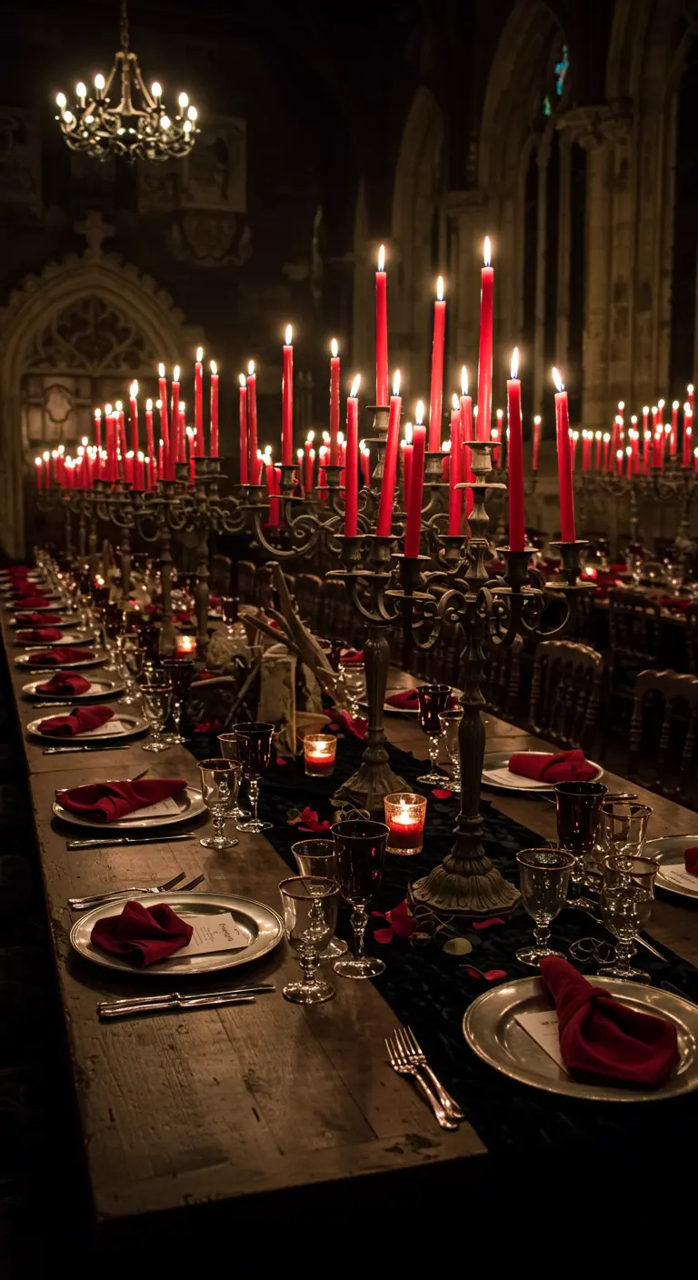 Longue table de banquet sombre, illuminée par des chandeliers de bougies rouges.