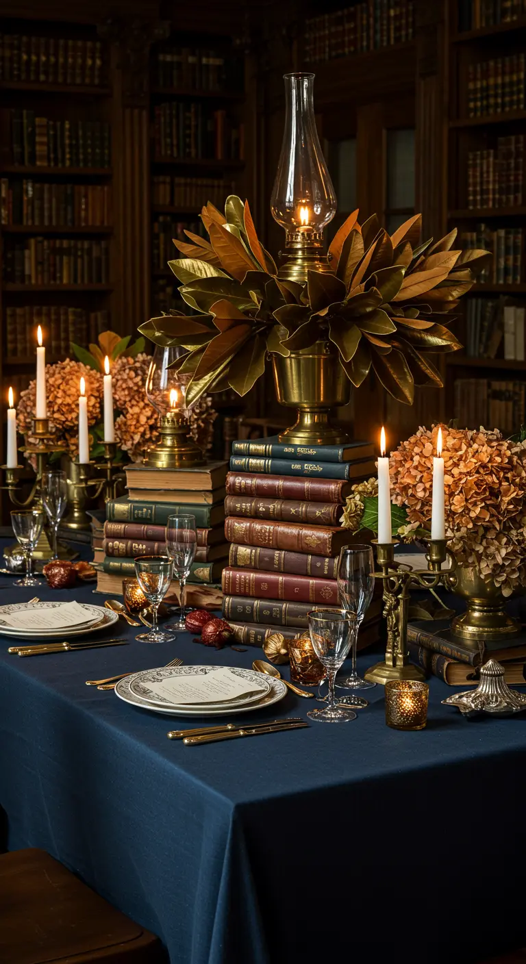 Table de dîner dans une bibliothèque avec des livres anciens et des lampes en laiton.