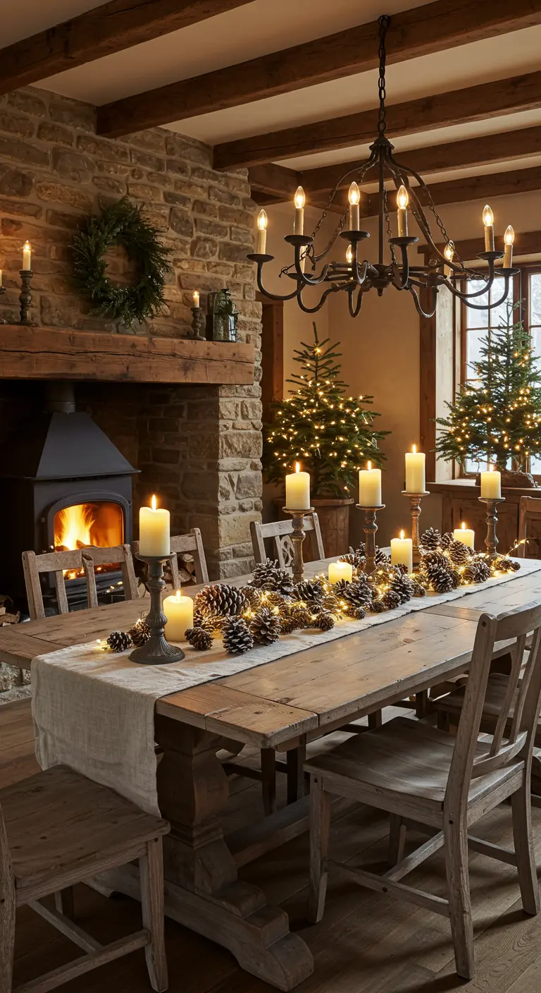 Longue table en bois rustique avec guirlande de pommes de pin, bougies et lumières.