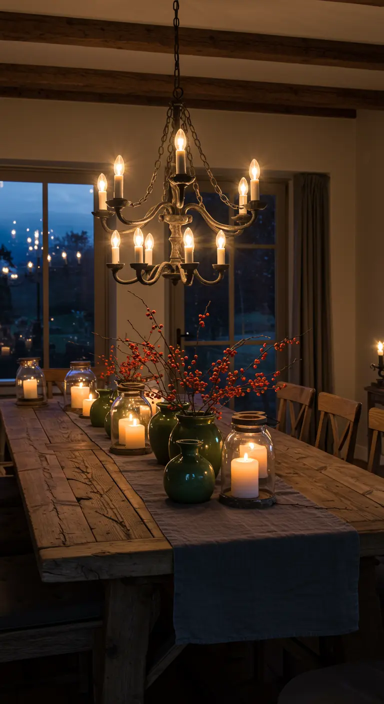 Longue table en bois sombre avec un chemin de table, des vases verts, des baies rouges et des bougies.