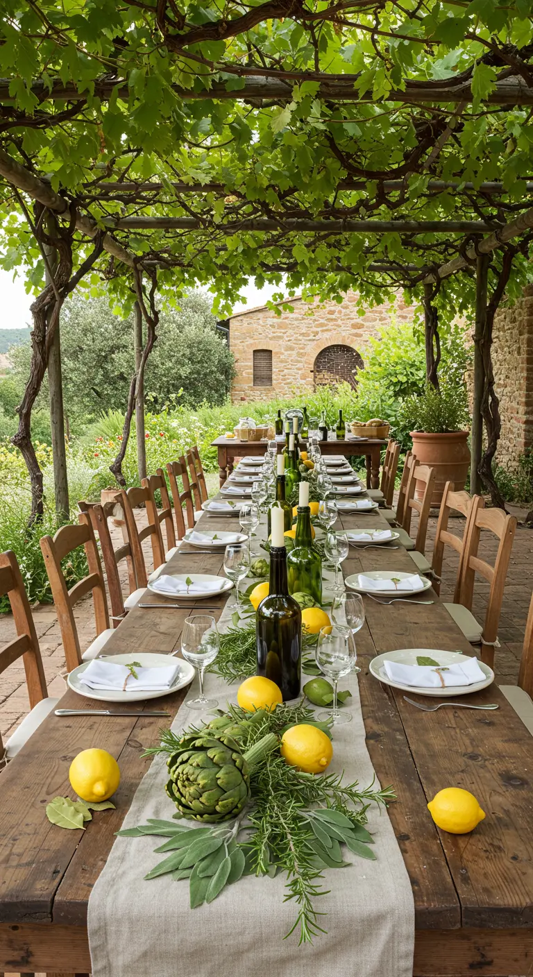 Table en bois sous une treille, décorée de citrons, artichauts et herbes aromatiques.