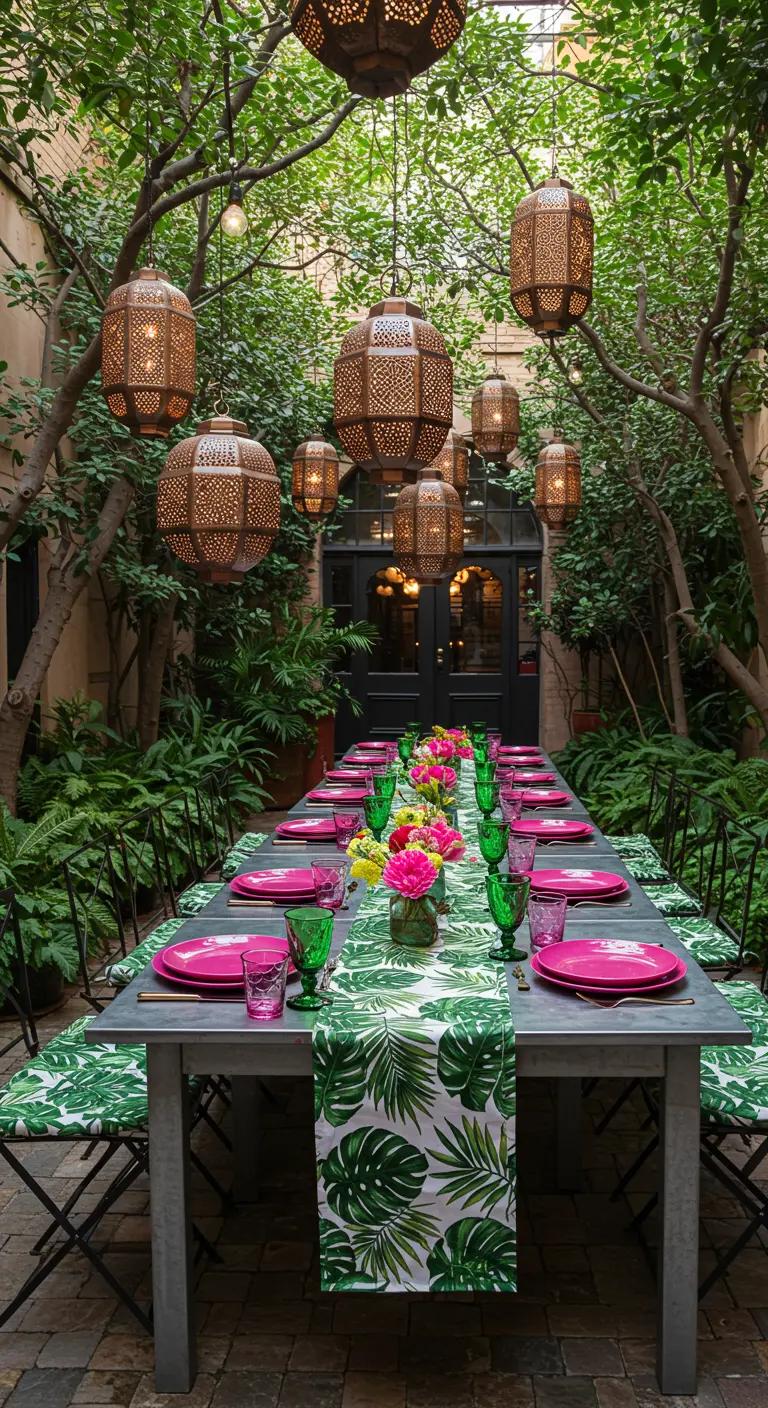 Longue table dressée dans une cour verdoyante, avec un chemin de table tropical et des lanternes orientales
