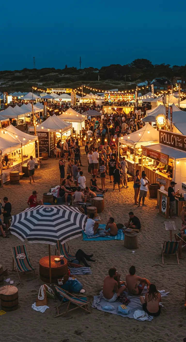 Festival de food trucks sur la plage la nuit, illuminé par des guirlandes lumineuses.