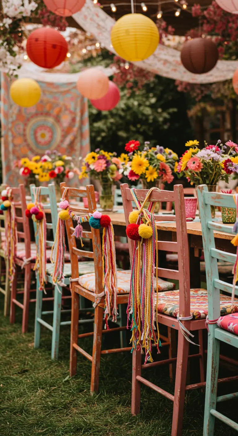 Chaises colorées décorées de guirlandes de pompons multicolores.