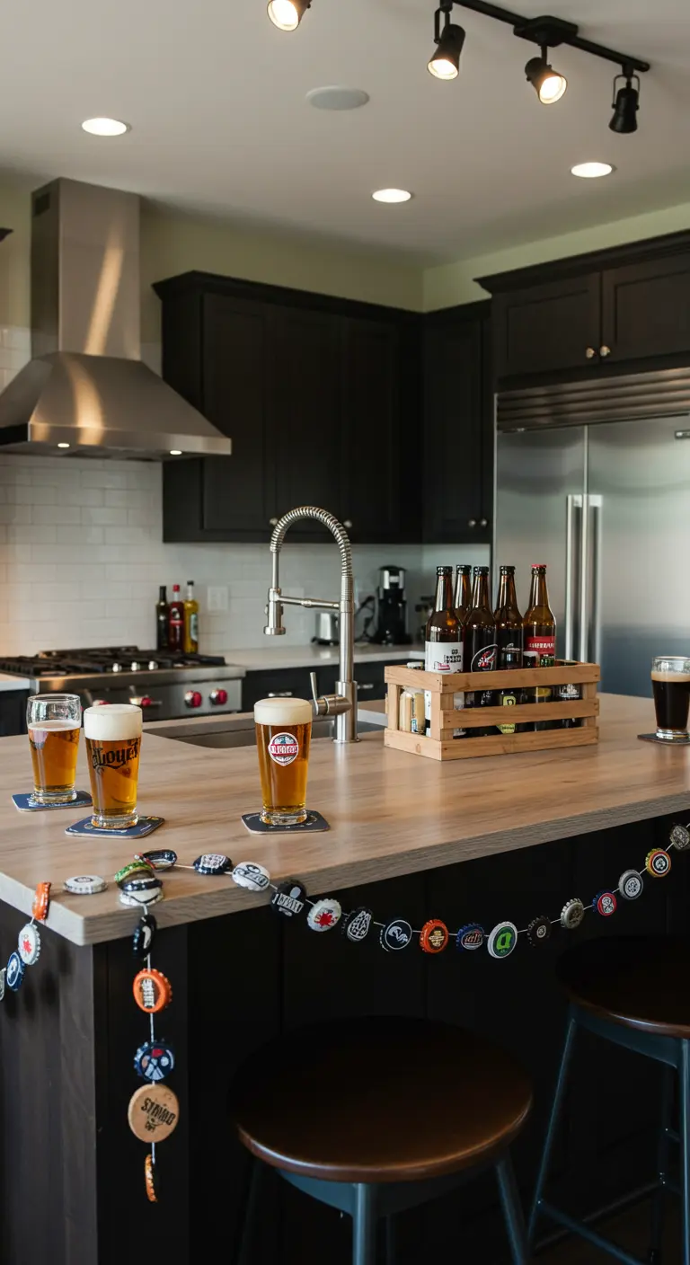 Guirlande de capsules de bière décorant le comptoir d'un îlot de cuisine moderne.