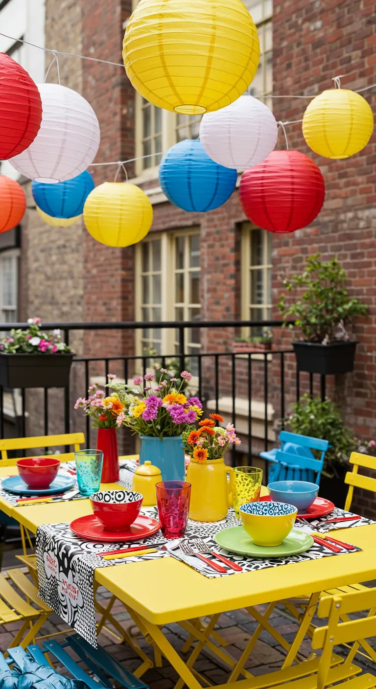 Table de terrasse jaune vif avec de la vaisselle multicolore et des lampions suspendus