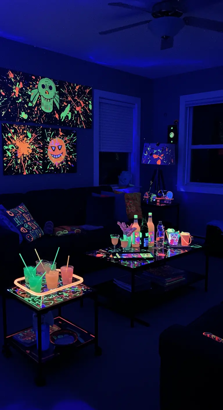 Salon plongé dans le noir, où cocktails, coussins et tableaux brillent de couleurs fluo.