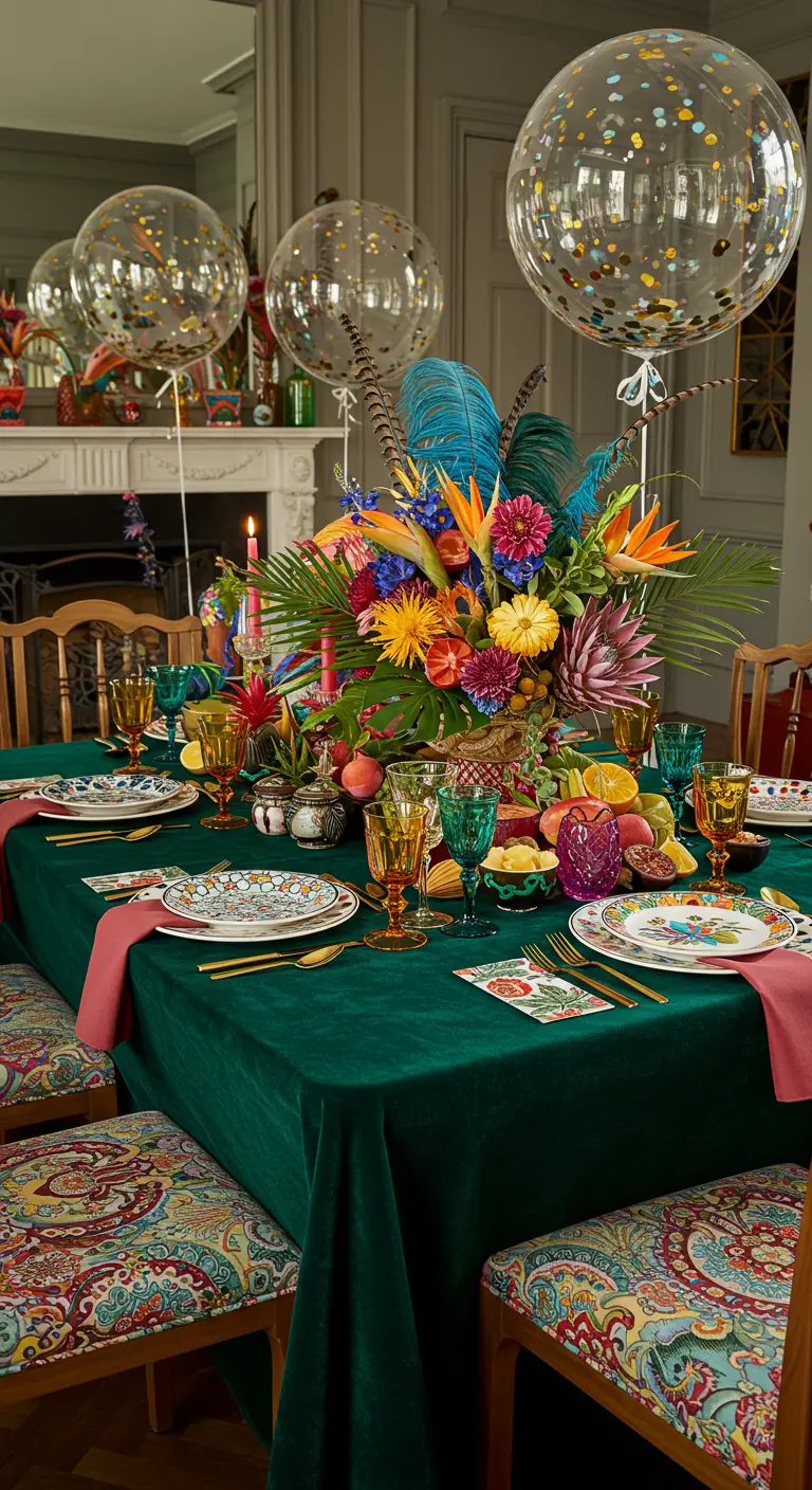 Table de fête tropicale très colorée avec un grand bouquet exotique et des ballons à confettis.