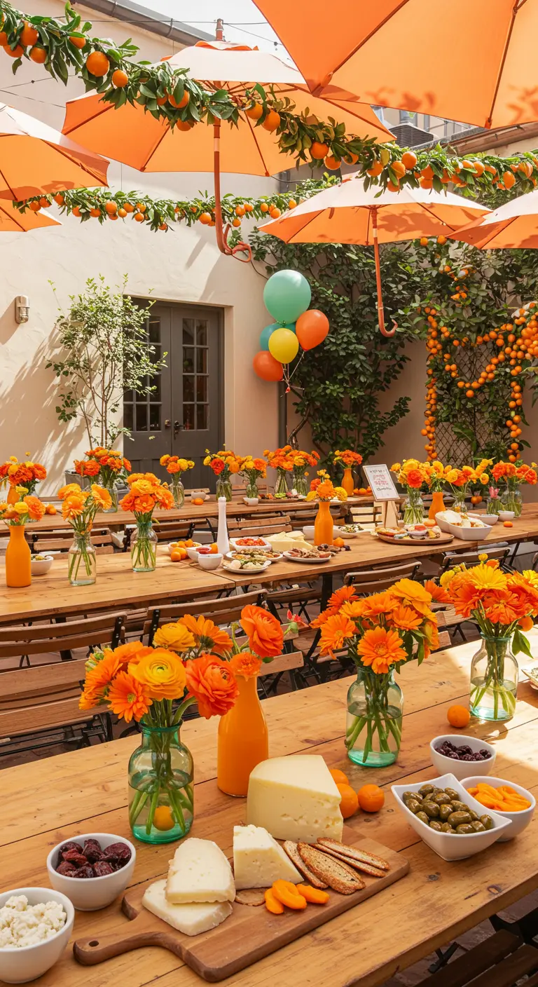 Fête en extérieur avec des parasols, des fleurs et des décorations oranges.