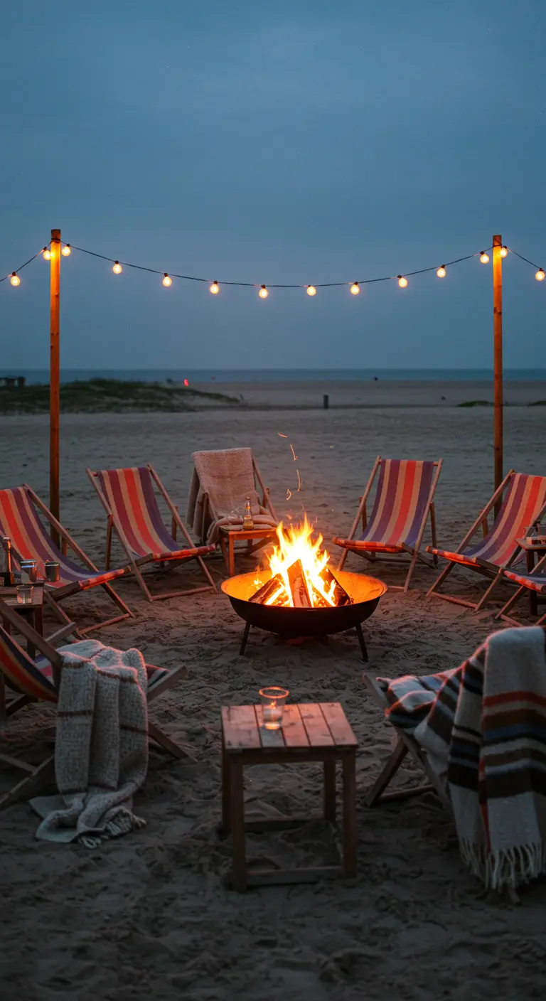 Feu de camp sur la plage avec des transats colorés disposés en cercle.