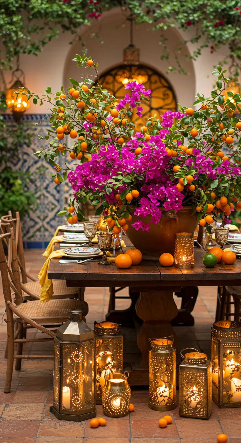 Grand bouquet de bougainvilliers et kumquats dans un pot en terre cuite, entouré de lanternes dorées.