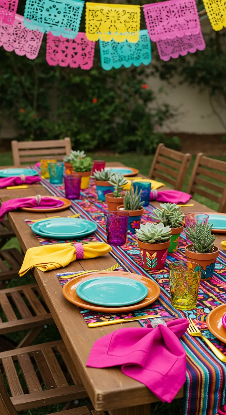 Table de fête mexicaine avec un chemin de table coloré et des mini-succulentes.