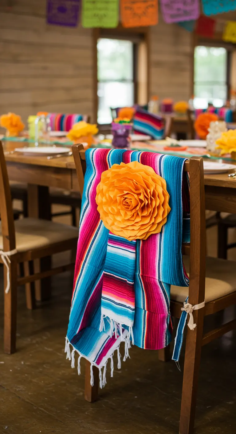 Chaise en bois avec une couverture serape colorée et une grande fleur en papier orange.