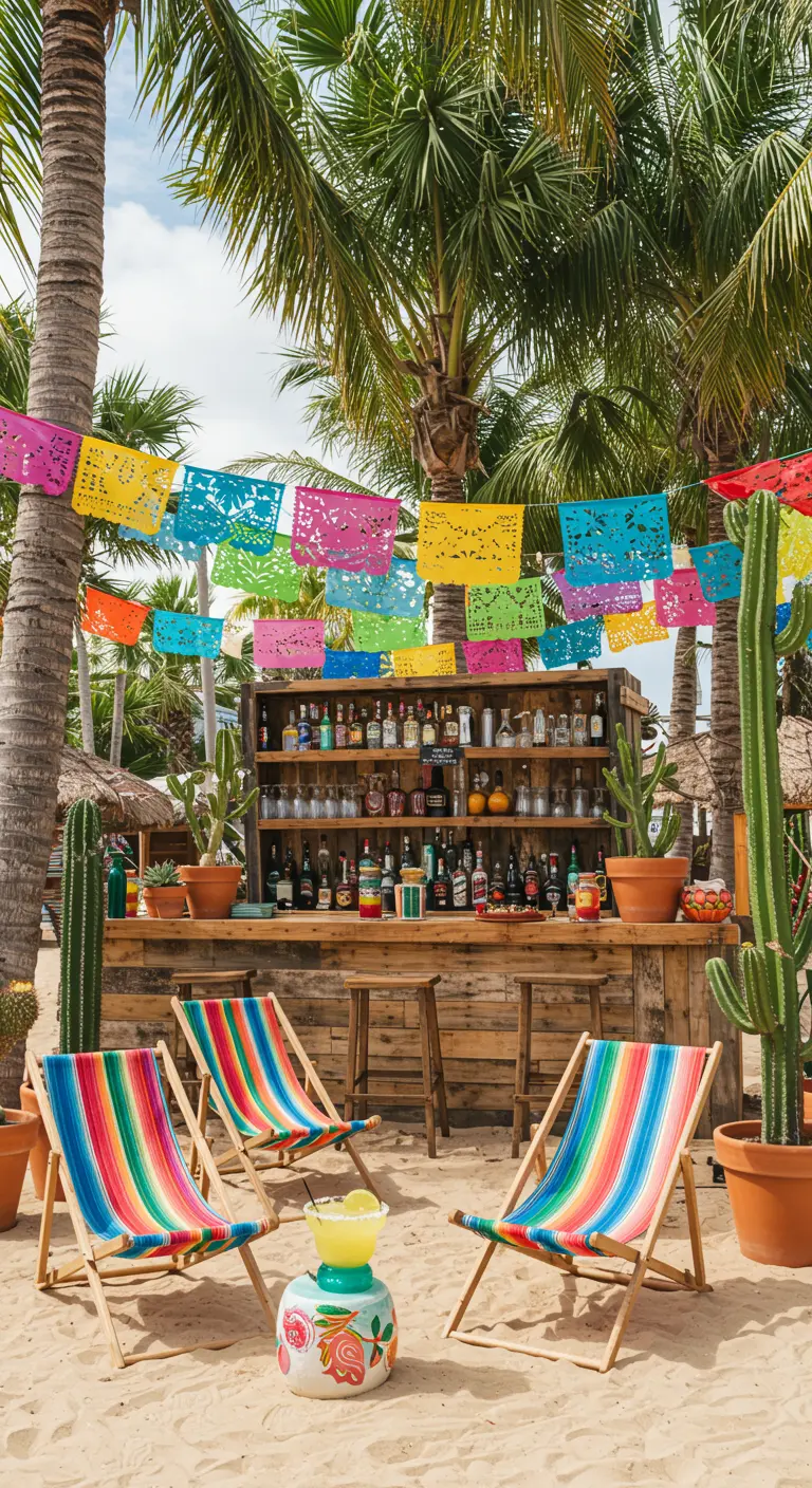 Bar de plage de style mexicain avec des guirlandes colorées et des transats arc-en-ciel.