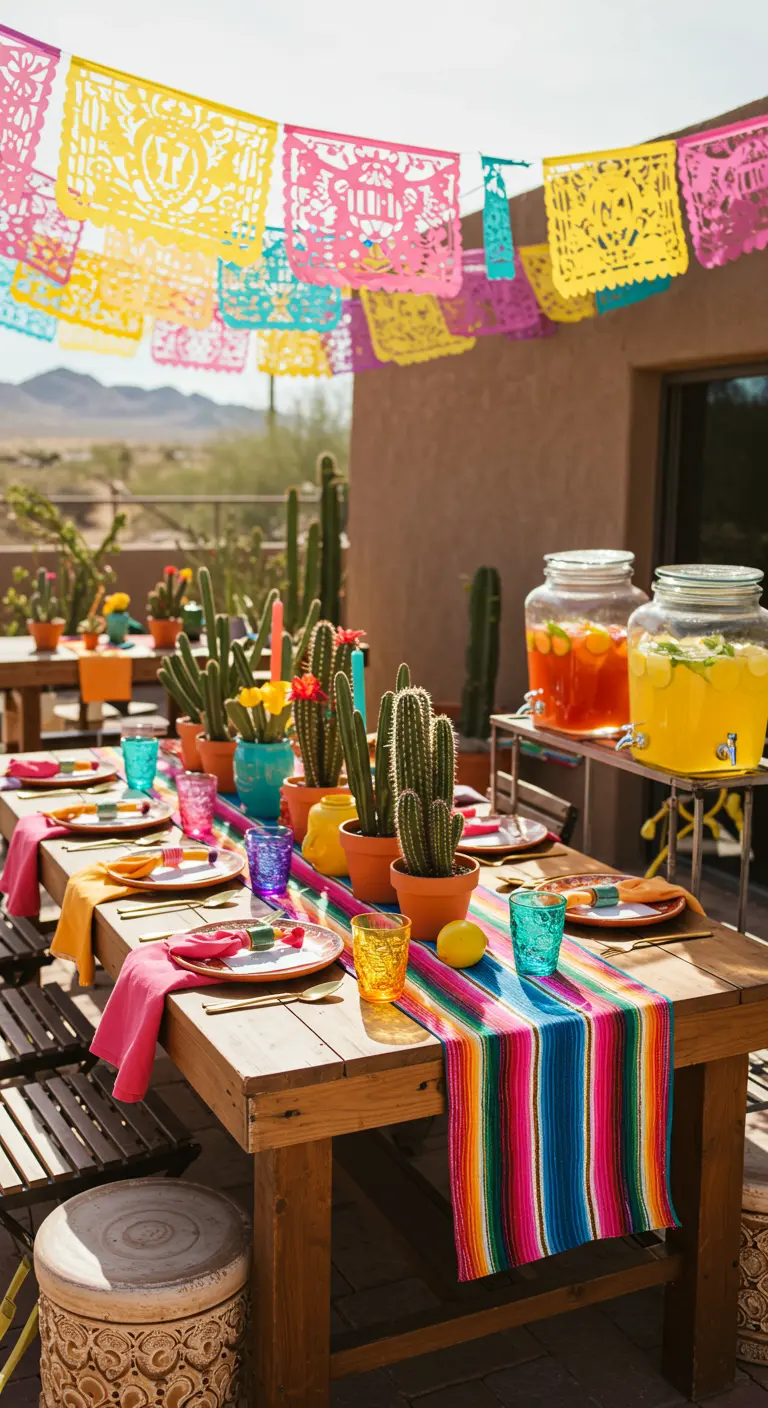 Table de fête mexicaine colorée avec guirlandes, cactus et chemin de table rayé.