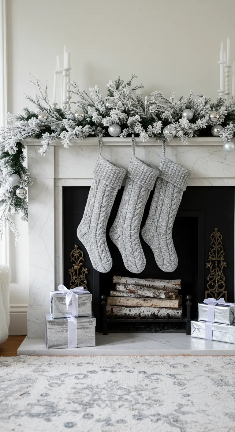 Cheminée en marbre blanc avec des chaussettes grises et une décoration argentée.
