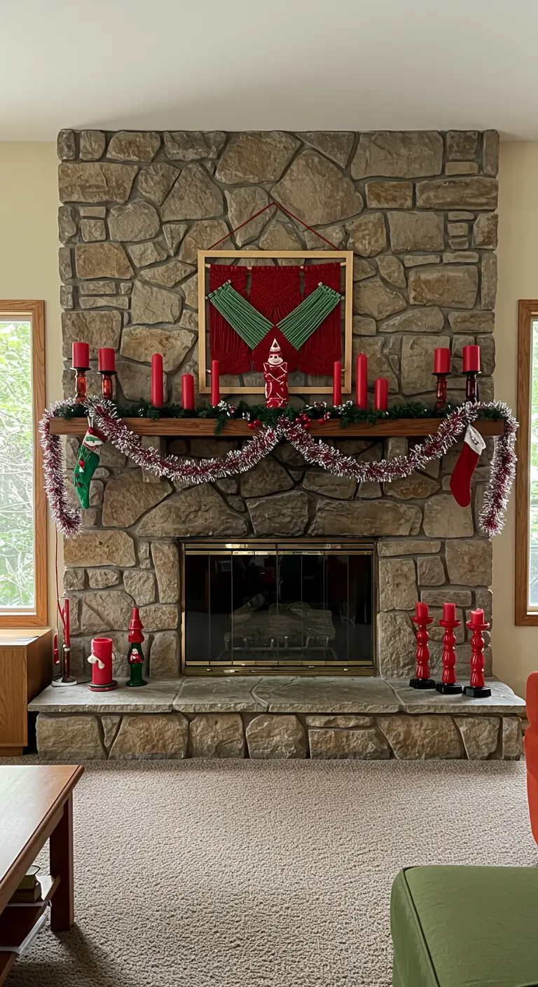 Cheminée de style années 70 avec une guirlande scintillante, des figurines de gnomes et du macramé.