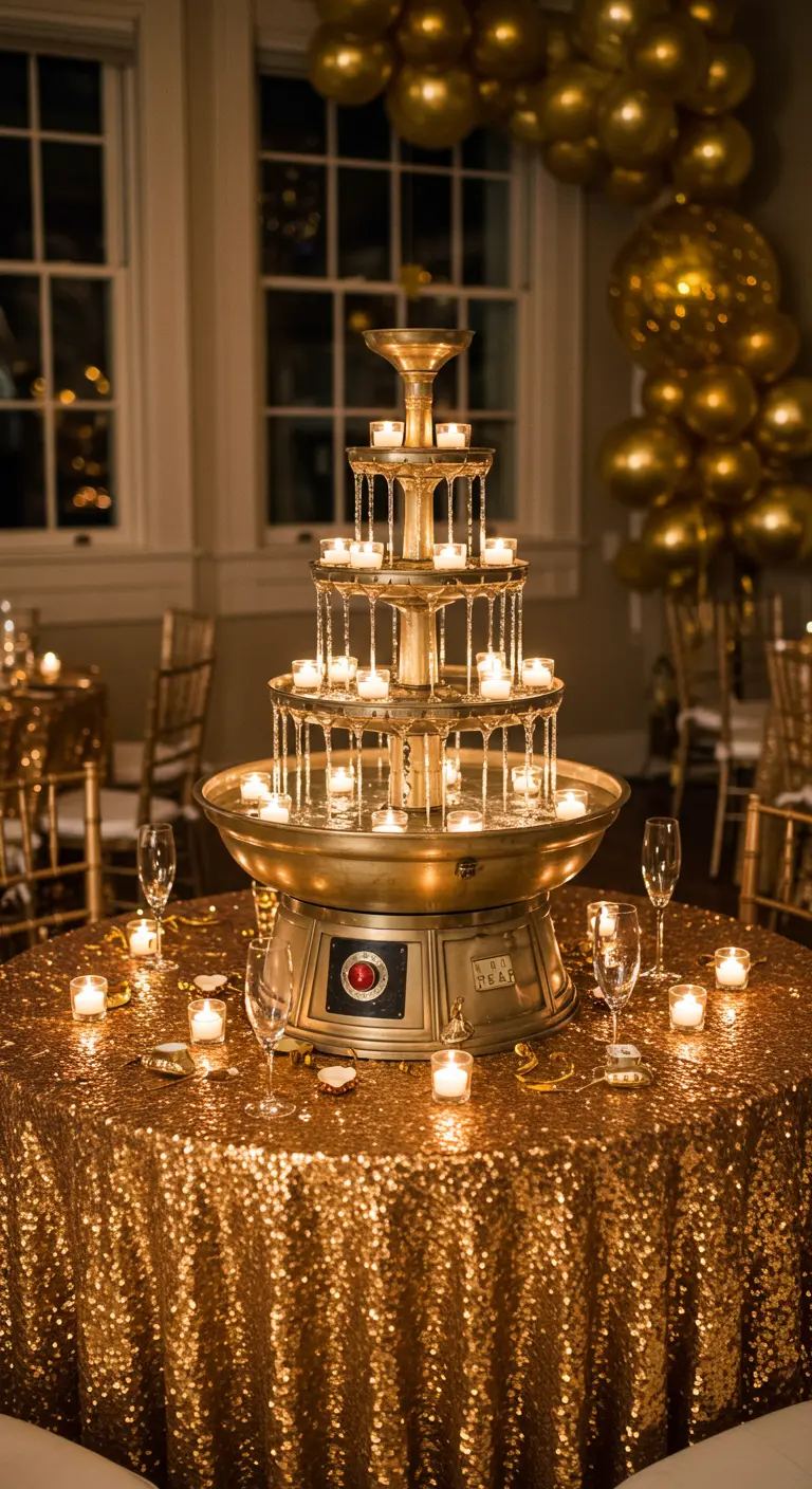 Fontaine à champagne dorée utilisée comme un centre de table spectaculaire avec des bougies flottantes.