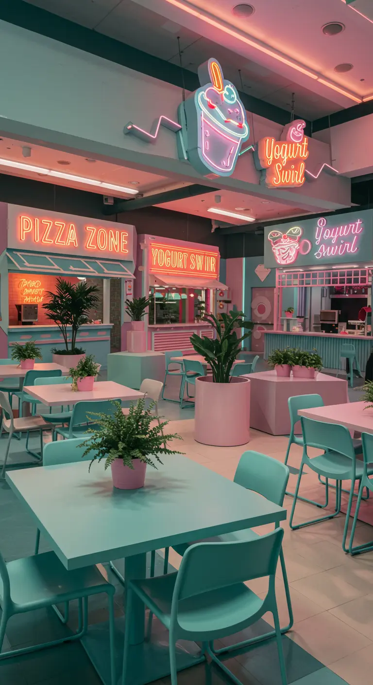 Aire de restauration aux couleurs pastel rose et turquoise avec des néons.