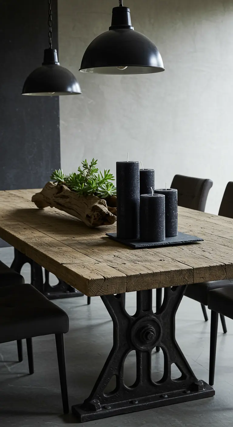 Table industrielle avec gros bois flotté et bougies noires sur une plaque d'ardoise.