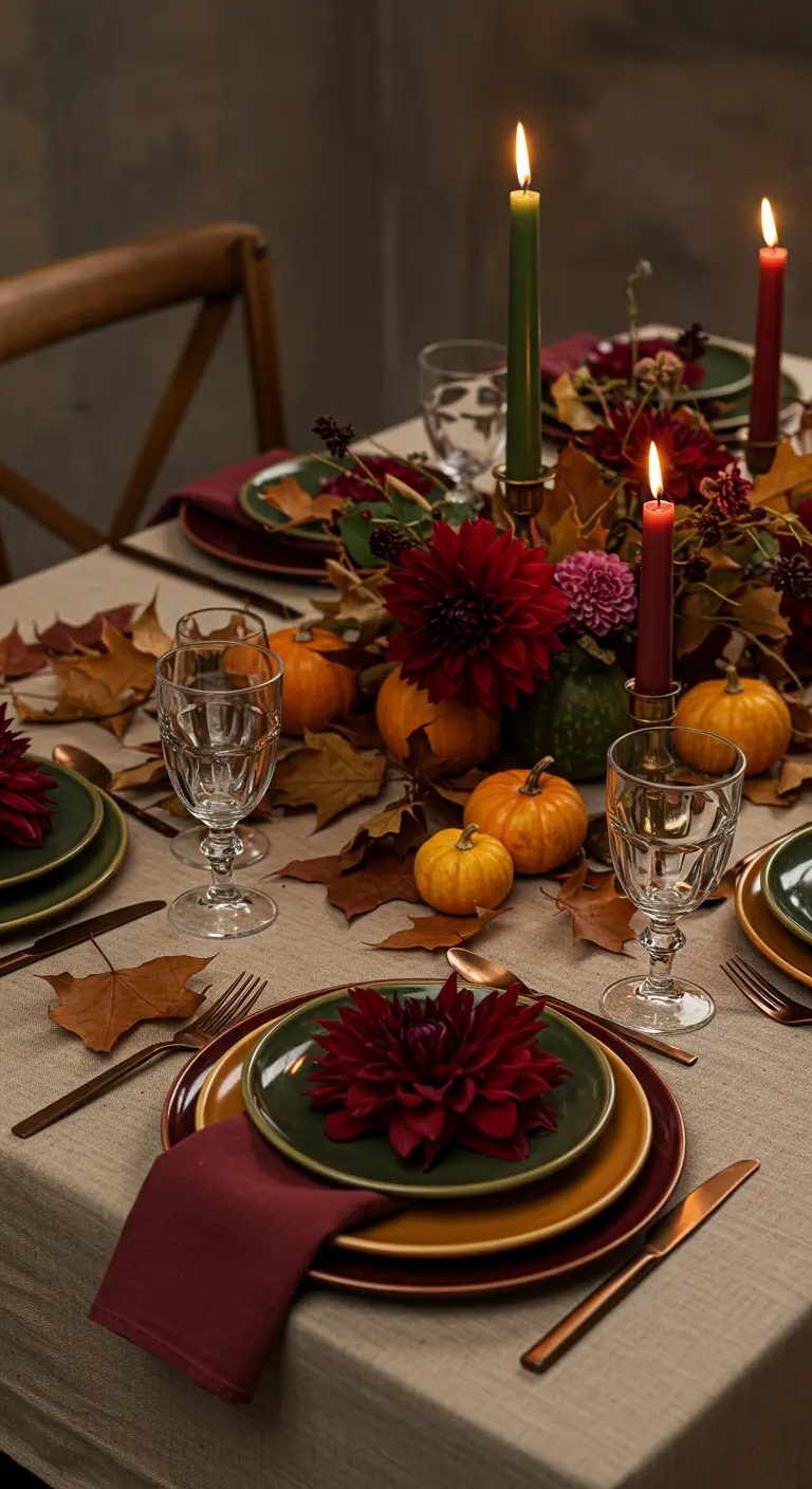 Table d'automne avec vaisselle foncée, mini-citrouilles et dahlias rouges.