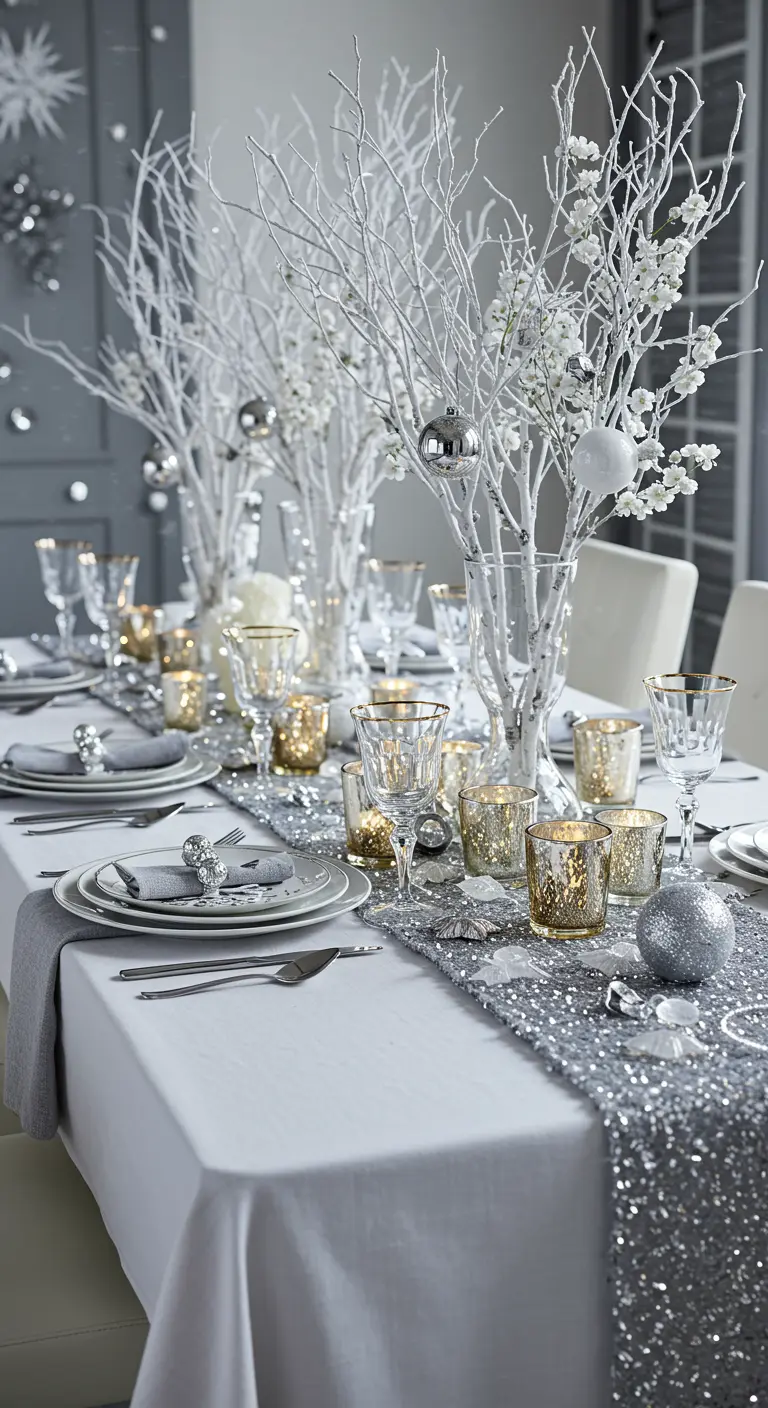Table de fête hivernale avec branches blanches, boules argentées et chemin de table à sequins.