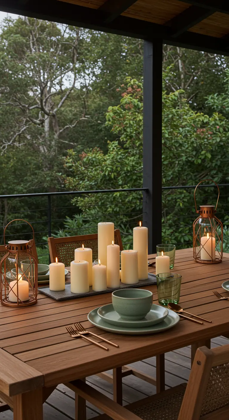 Table extérieure en bois avec un groupement de bougies piliers blanches sur un plateau.