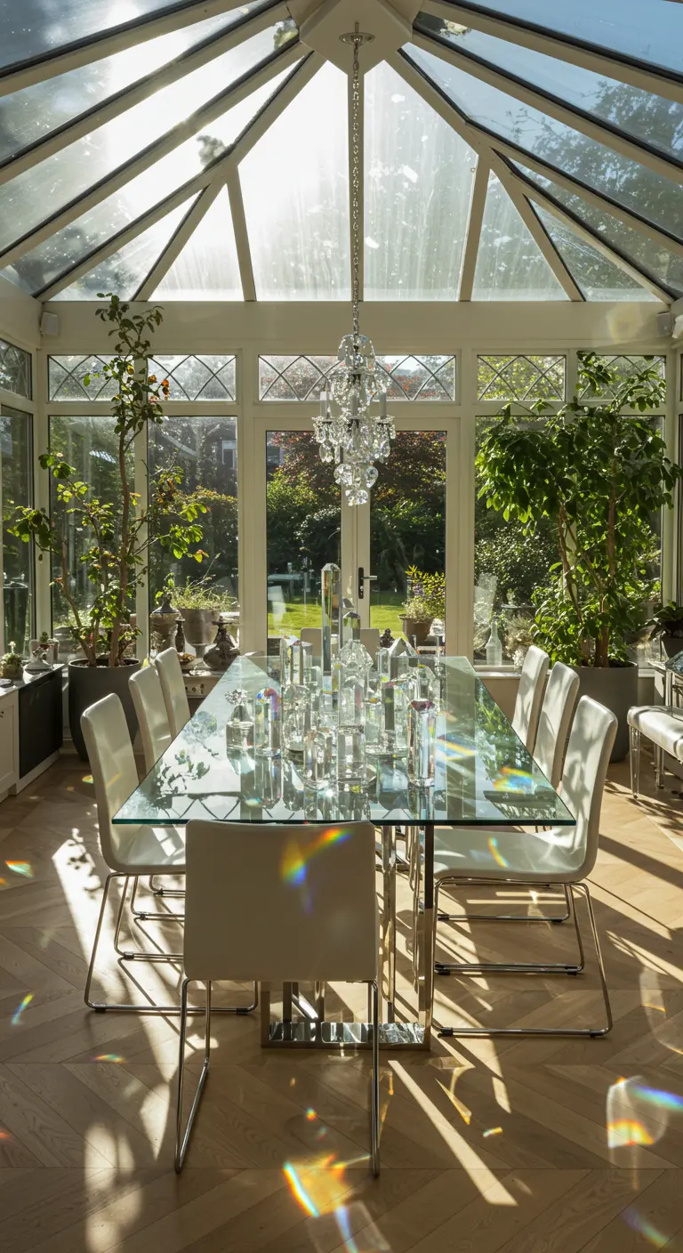 Une accumulation d'objets en cristal et en verre sur une table en verre dans une véranda.