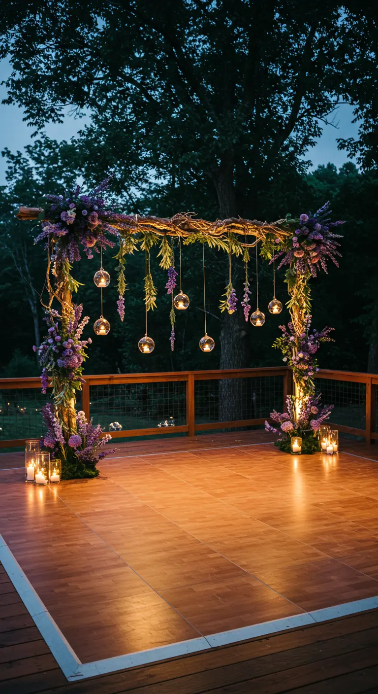 Arche florale de nuit, faite de branches et décorée de globes lumineux suspendus.