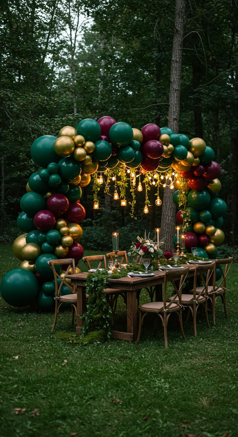 Arche de ballons vert foncé, bordeaux et or, illuminée de guirlandes, dans un jardin boisé.