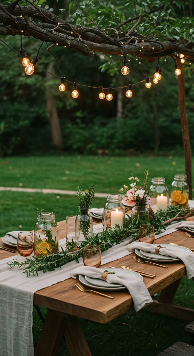 Table de jardin rustique avec un chemin de table en guirlande de feuillage.