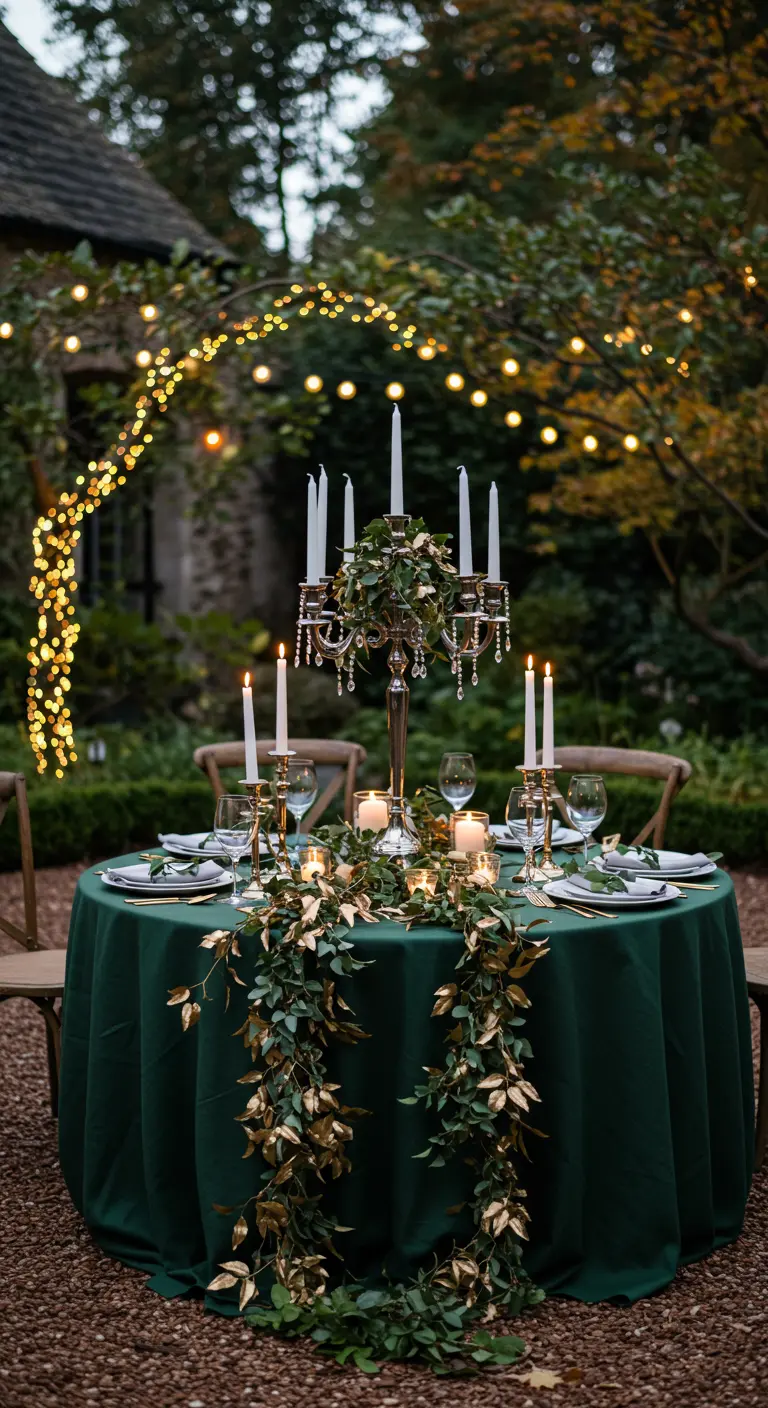 Table ronde en extérieur, nappe verte, guirlande de feuilles dorées.