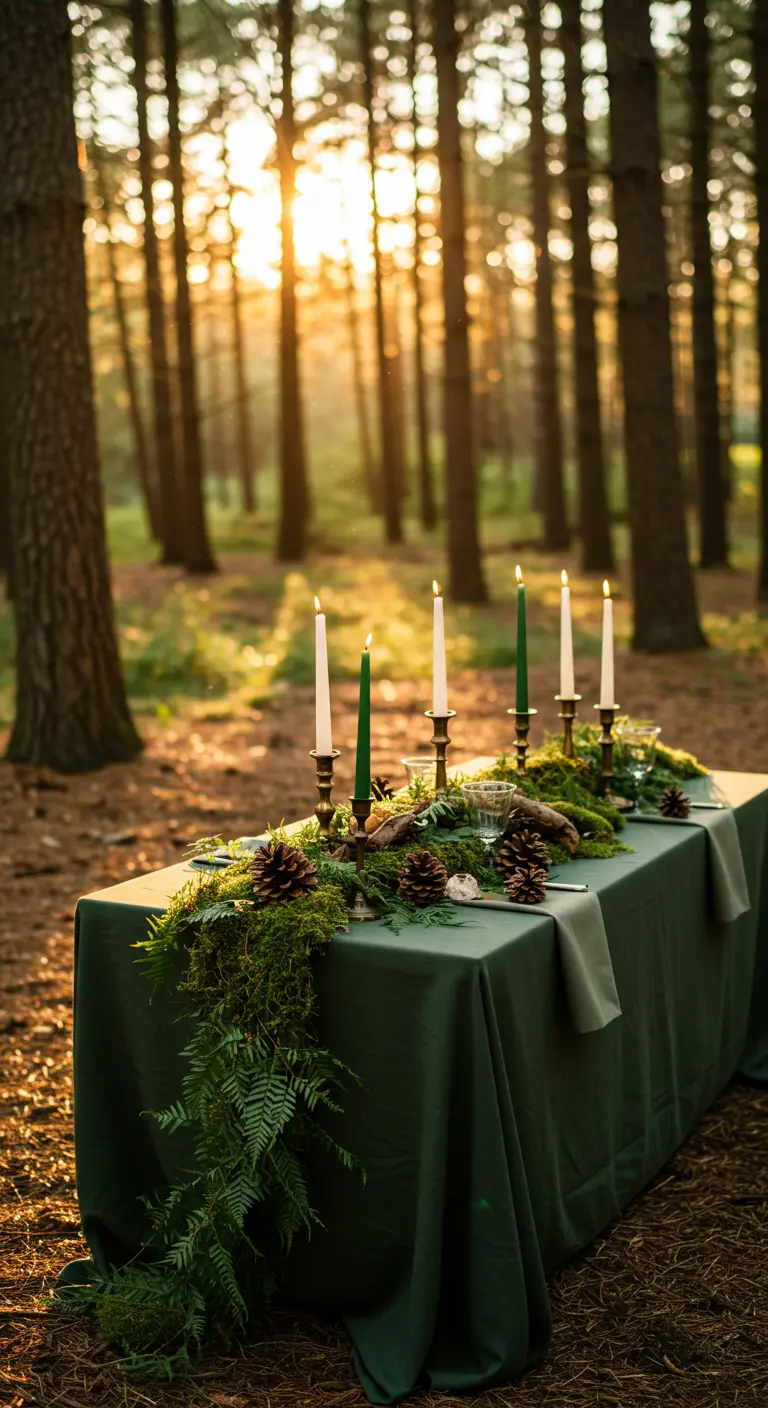 Table en forêt avec nappe verte, chemin de table en mousse, pommes de pin et chandeliers en laiton.