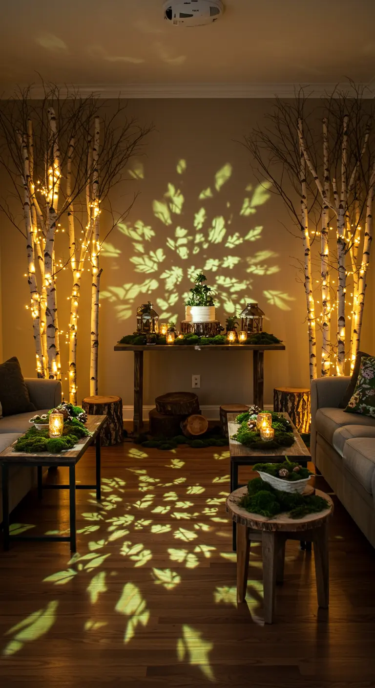 Salon décoré avec des troncs de bouleau illuminés et des projections de motifs de feuilles.