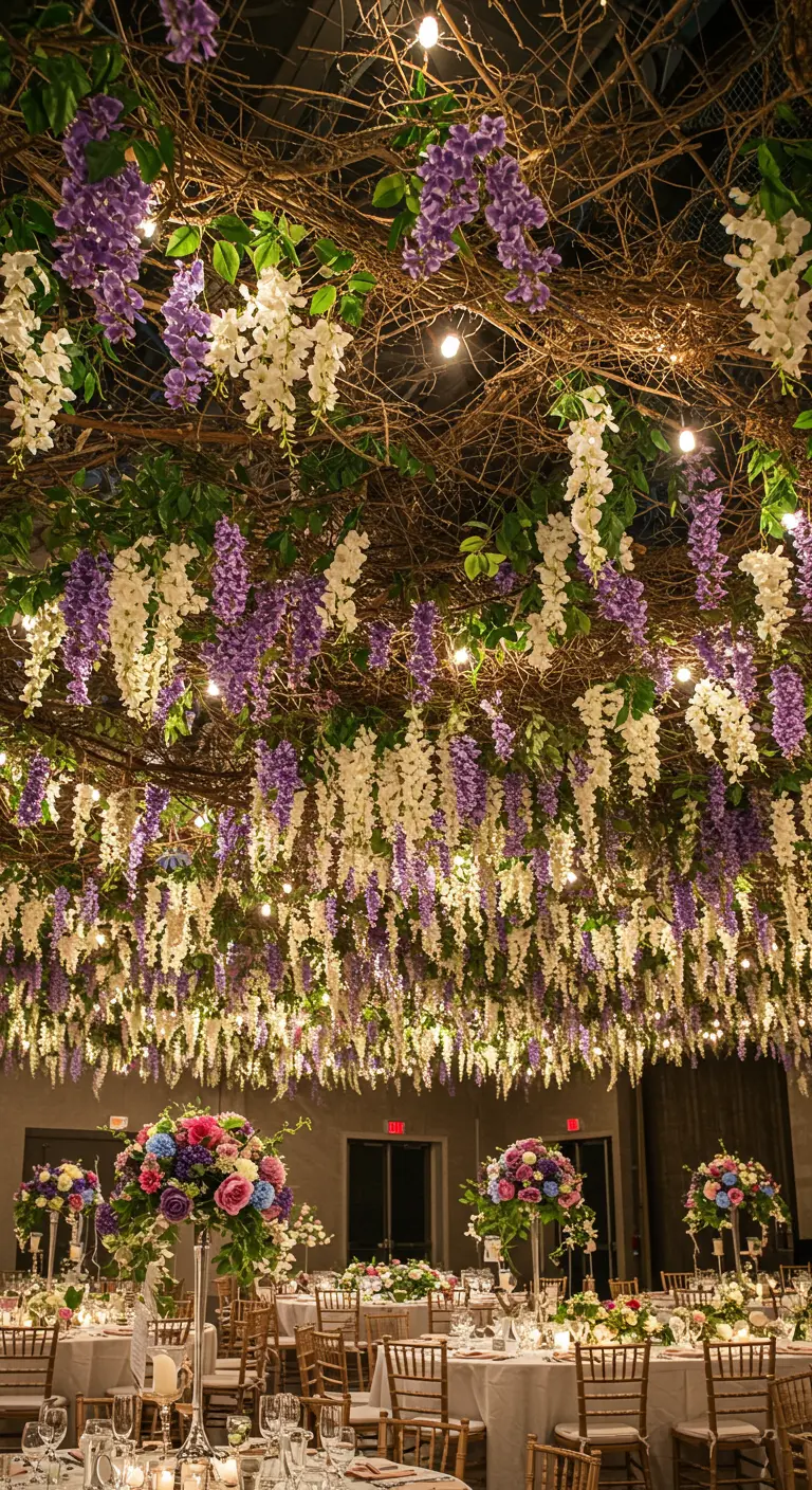 Plafond entièrement recouvert de guirlandes de glycine et de lumières.